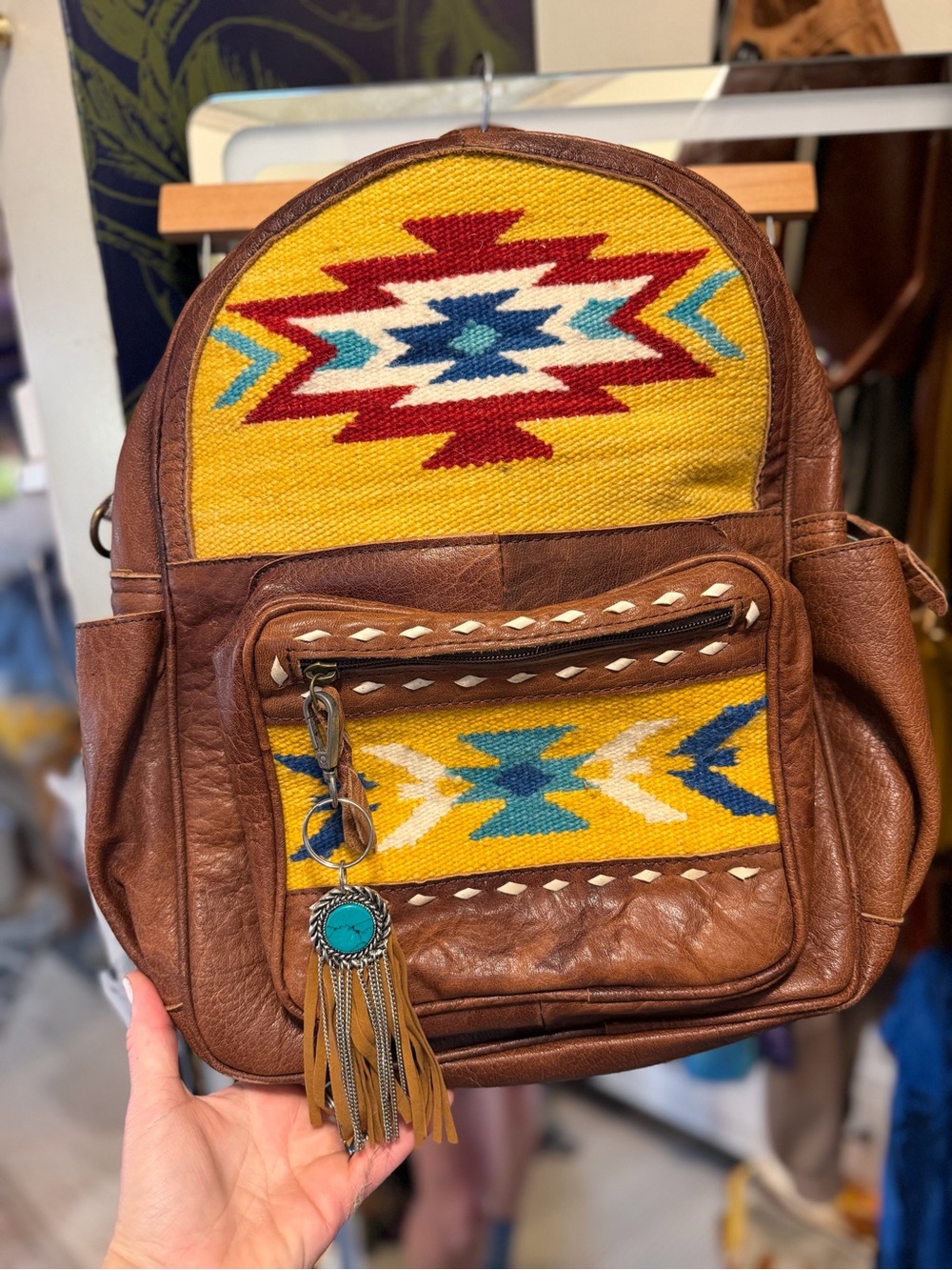 American Darling Brown Leather Backpack with Yellow Aztec Panels